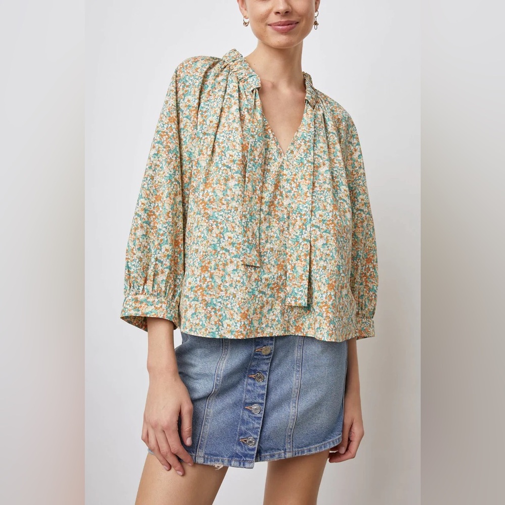 Rails Amal Relaxed Tie Neck in Cassia Multicolor Cotton Blend Floral Blouse